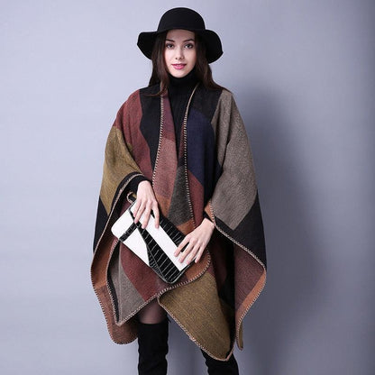 Lattice Women Travel Shawl Imitation Cashmere European National Style Fork Thickened Cloak Ponchos Capes Carauana Store