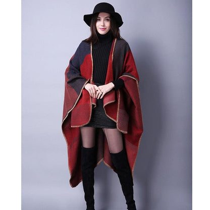 Lattice Women Travel Shawl Imitation Cashmere European National Style Fork Thickened Cloak Ponchos Capes Carauana Store