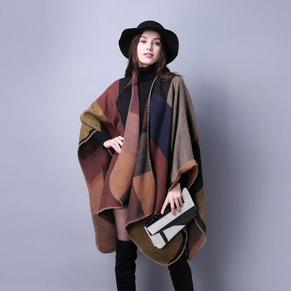 Lattice Women Travel Shawl Imitation Cashmere European National Style Fork Thickened Cloak Ponchos Capes Carauana Store