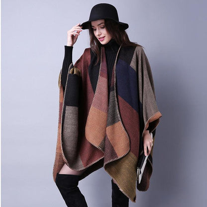 Lattice Women Travel Shawl Imitation Cashmere European National Style Fork Thickened Cloak Ponchos Capes Carauana Store