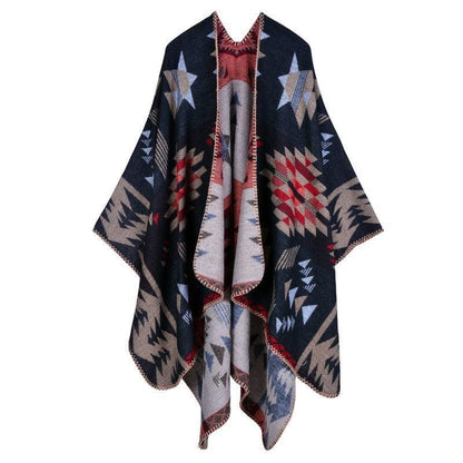 Lattice Women Travel Shawl Imitation Cashmere European National Style Fork Thickened Cloak Ponchos Capes Carauana Store