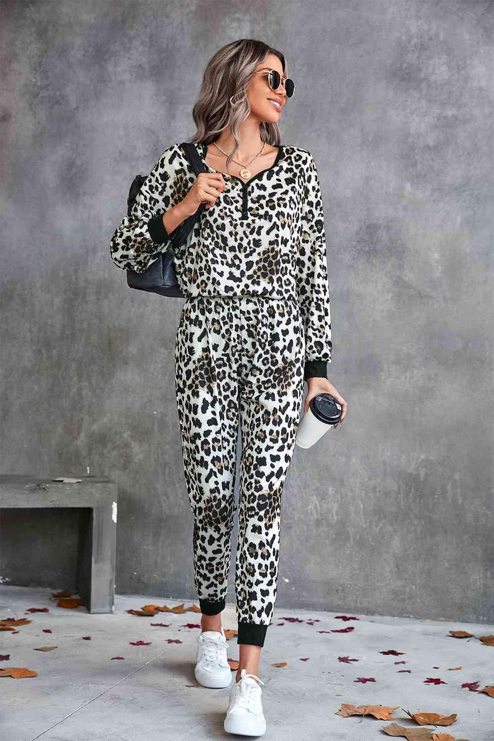 Leopard V-Neck Dropped Shoulder Loungewear Set Carauana Store