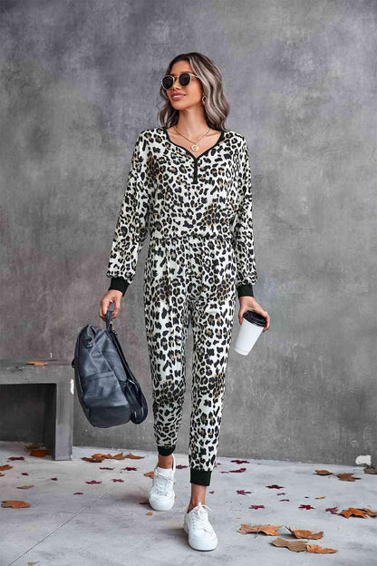 Leopard V-Neck Dropped Shoulder Loungewear Set Carauana Store