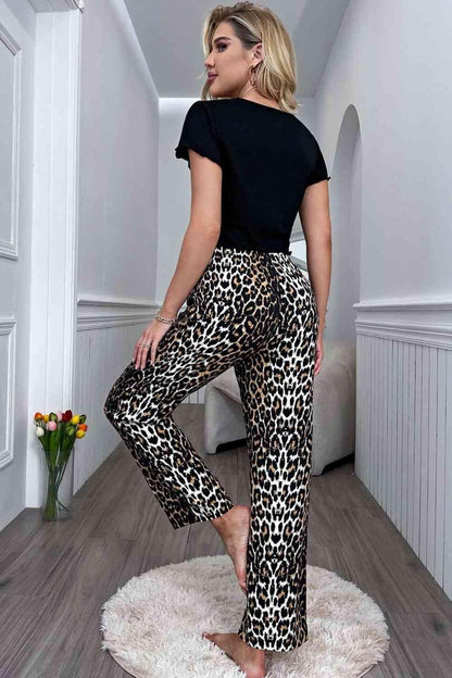 Lettuce Trim Cropped T-Shirt and Leopard Pants Lounge Set Carauana Store