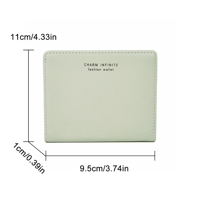 Light green wallet with dimensions and 'Charm Infinite' branding