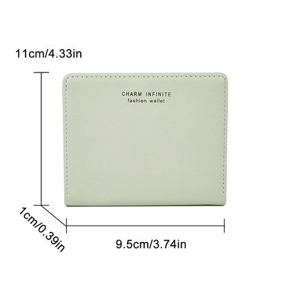 Light green wallet with dimensions and 'Charm Infinite' branding