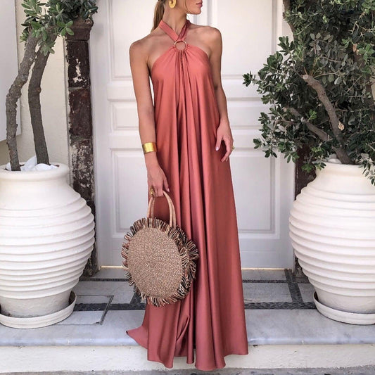 Long Formal Satin Dress Halter Neck Sleeveless Carauana Store