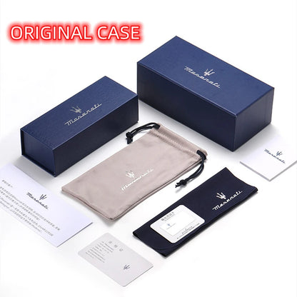 Maserati branded accessories including boxes, pouch, and documents on a white background