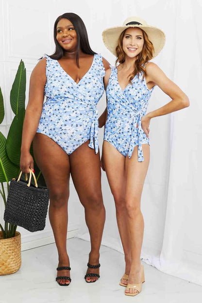 Marina West Swim Full Size Float On Ruffle Faux Wrap One-Piece in Blossom Blue Carauana Store