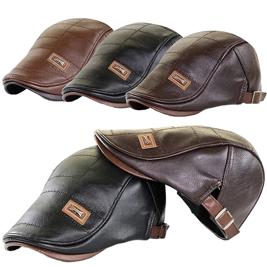 Set of leather caps in brown, black, and brown with a strap