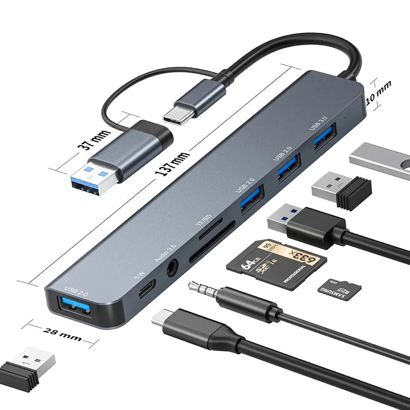 Multifunctional USB hub with various connectors and cables