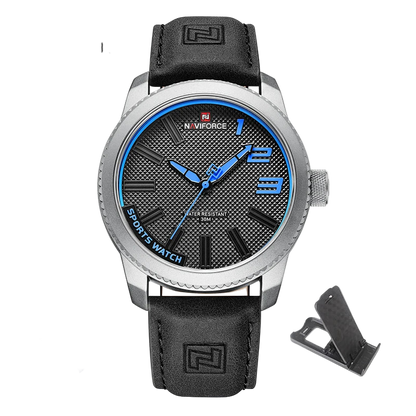 Naviforce watch with black leather strap and blue dial on a white background