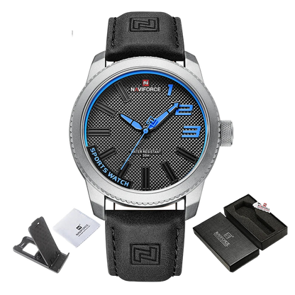 Naviforce watch with black leather strap and blue dial, including packaging and card