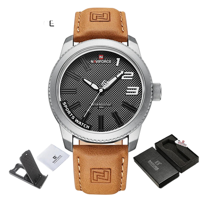 Naviforce watch with brown leather strap and black dial with box