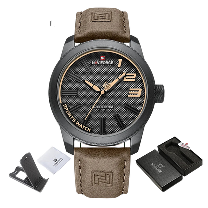 Naviforce watch with brown leather strap and packaging