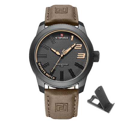 Naviforce watch with dark brown leather strap and black dial