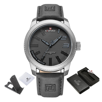 Naviforce watch with gray leather strap and silver case with box