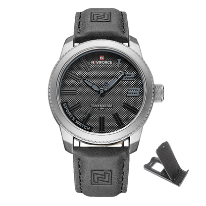 Naviforce watch with gray strap and black face on a white background