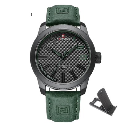 Naviforce watch with green leather strap and black dial