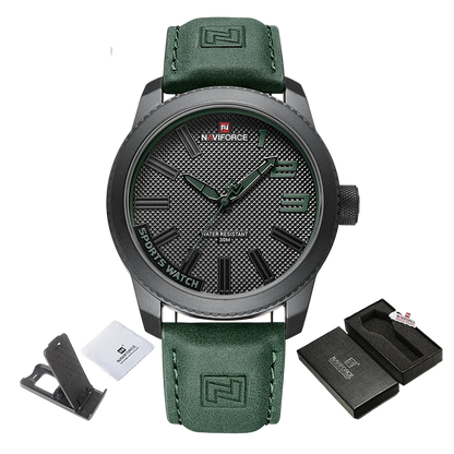 Naviforce watch with green leather strap and packaging