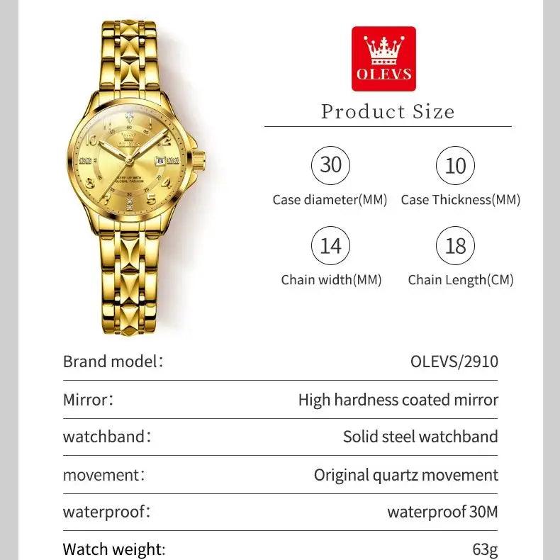 OLEVS 2910 Women's Watch Classics Calendar Waterproof Stainles Steel Ladies Hand Clock Luxury Brand Quartz Watch for Women Carauana Store