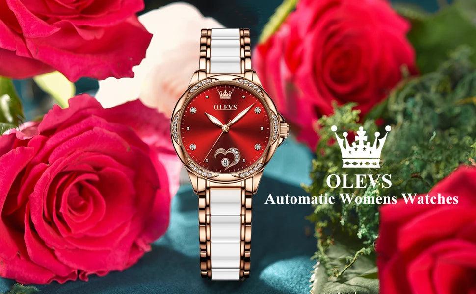 OLEVS Ceramic Band Automatic Self-Wind Watch | Fashionable & Durable with Diver Function and 5Bar Water Resistance Elegant Ladies Watch Set 6631 Carauana Store
