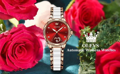 OLEVS Ceramic Band Automatic Self-Wind Watch | Fashionable & Durable with Diver Function and 5Bar Water Resistance Elegant Ladies Watch Set 6631 Carauana Store