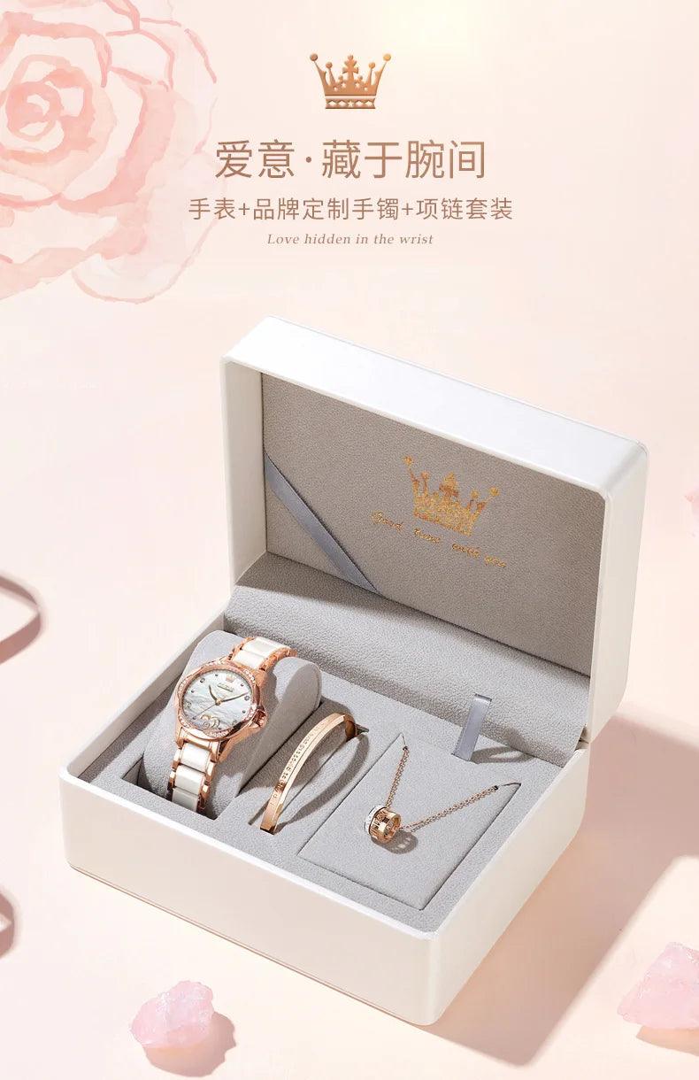 OLEVS Ceramic Band Automatic Self-Wind Watch | Fashionable & Durable with Diver Function and 5Bar Water Resistance Elegant Ladies Watch Set 6631 Carauana Store