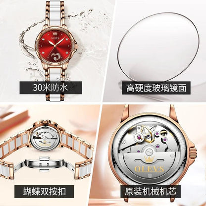 OLEVS Ceramic Band Automatic Self-Wind Watch | Fashionable & Durable with Diver Function and 5Bar Water Resistance Elegant Ladies Watch Set 6631 Carauana Store