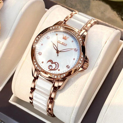 OLEVS Ceramic Band Automatic Self-Wind Watch | Fashionable & Durable with Diver Function and 5Bar Water Resistance Elegant Ladies Watch Set 6631 Carauana Store
