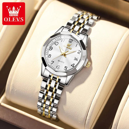 OLEVS Golden Watch for Women Luxury Elegant Rhombus Design Digital Dial Stainless Steel Strap Waterproof Calendar Clock Ladies Carauana Store