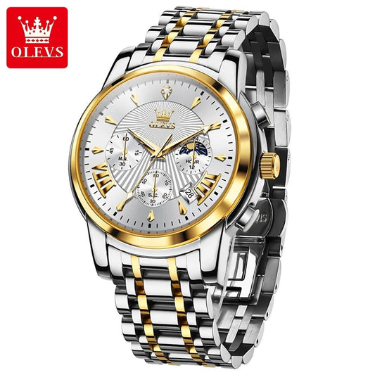 OLEVS Luxury Brand Quartz Watch for Men Waterpoof Chronograph Men's Wristwatch Auto Date Dual Calendar Moon Phase Man Watch New Carauana Store
