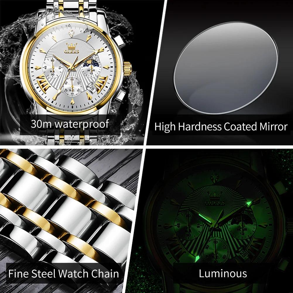 OLEVS Luxury Brand Quartz Watch for Men Waterpoof Chronograph Men's Wristwatch Auto Date Dual Calendar Moon Phase Man Watch New Carauana Store