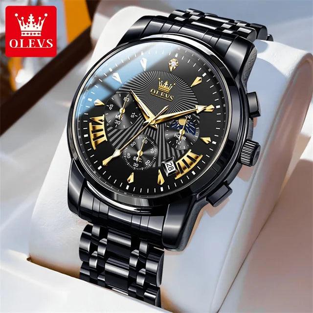OLEVS Luxury Brand Quartz Watch for Men Waterpoof Chronograph Men's Wristwatch Auto Date Dual Calendar Moon Phase Man Watch New Carauana Store