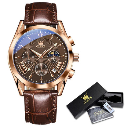 OLEVS Original Men's Watches Sport Chronograph Quartz Male Watch Waterproof Leather Strap Luminous Wristwatch 24 hour dial Carauana Store