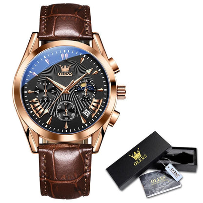 OLEVS Original Men's Watches Sport Chronograph Quartz Male Watch Waterproof Leather Strap Luminous Wristwatch 24 hour dial Carauana Store