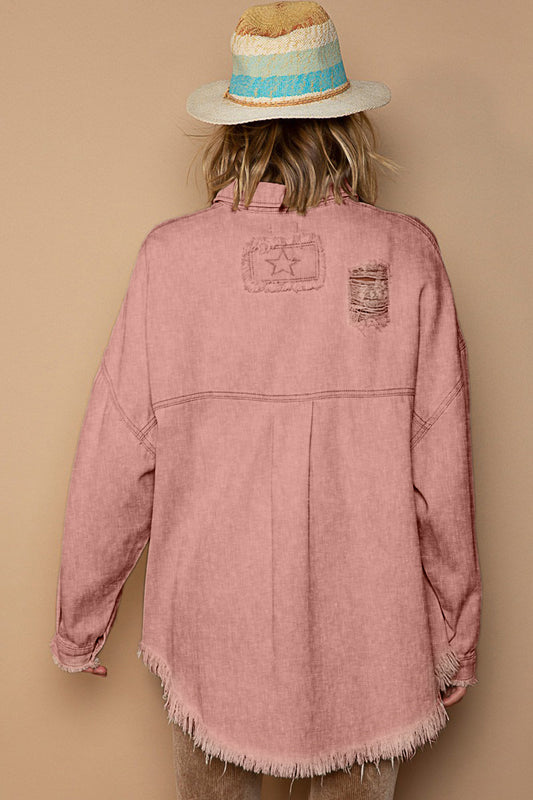 POL Button Down Raw Hem Distressed Shacket Carauana Store