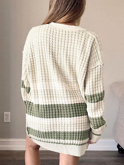 Plus Size Striped Button Up Dropped Shoulder Cardigan Carauana Store