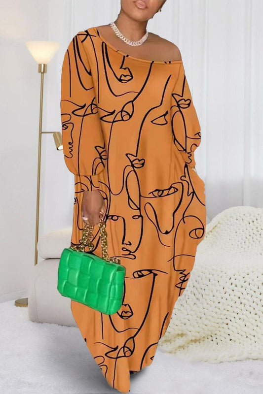 Printed Single Shoulder Lantern Sleeve Maxi Dress Carauana Store