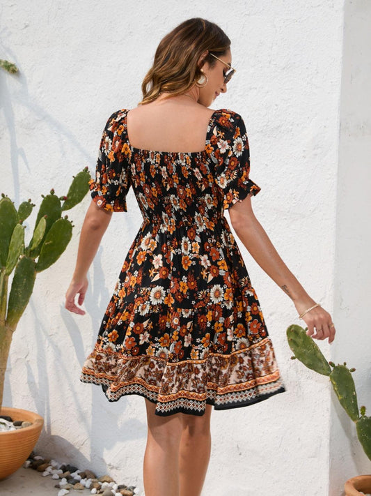 Printed Square Neck Short Sleeve Dress Carauana Store