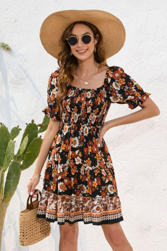 Printed Square Neck Short Sleeve Dress Carauana Store