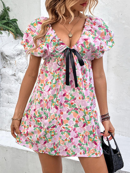 Printed V-Neck Puff Sleeve Mini Dress Carauana Store