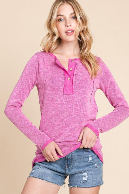 Reborn J Contrast Trim Half Button Long Sleeve T-Shirt Carauana Store