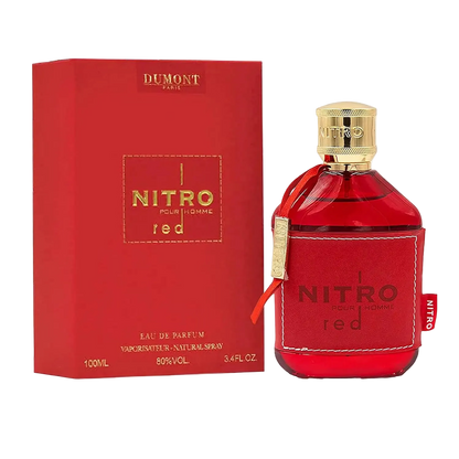 Red Nitro perfume bottle with gold cap and matching red box