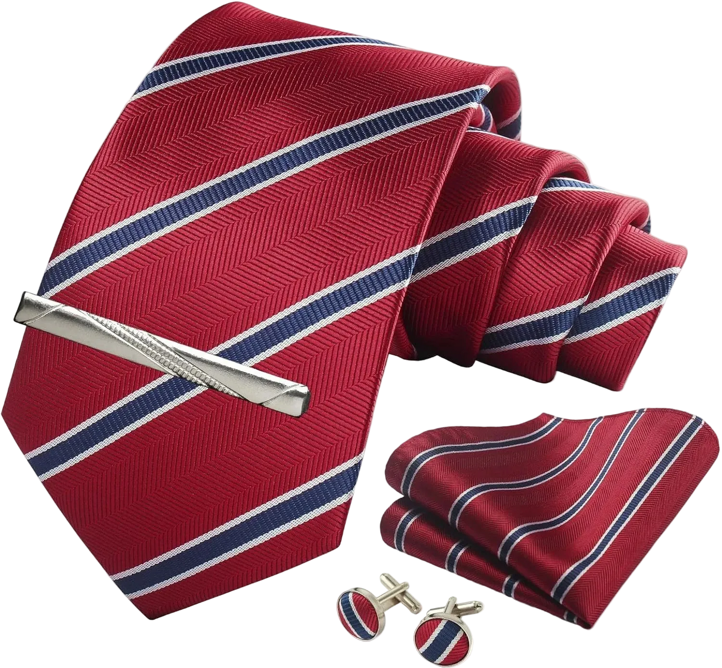 Red striped tie with matching pocket square, tie clip, and cufflinks on a white background