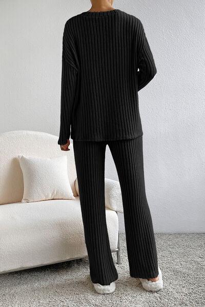 Ribbed V-Neck Top and Pants Lounge Set Carauana Store