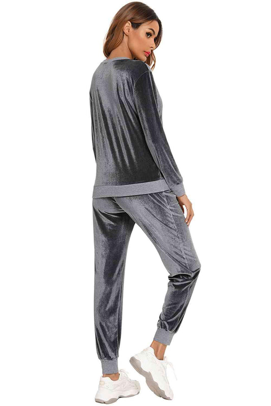 Round Neck Long Sleeve Loungewear Set with Pockets Carauana Store
