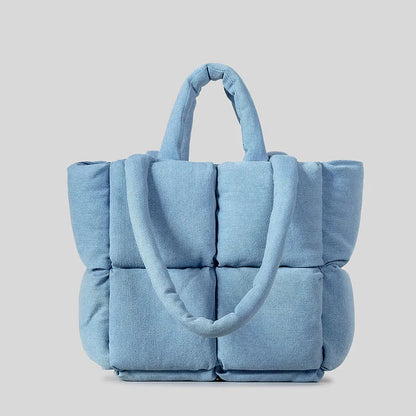 Padded Denim Puffer Shoulder Tote Bag