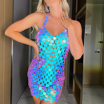 Sexy Metal Sequins Mini Dress Backless Neck Halter Party Night club Carauana Store