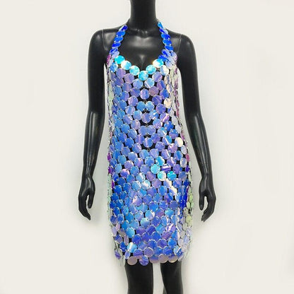 Sexy Metal Sequins Mini Dress Backless Neck Halter Party Night club Carauana Store